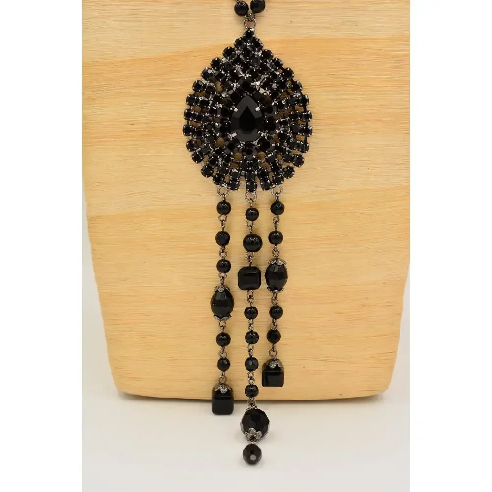 Coldwater Creek Vintage Black Rhinestone Teardrop Tassel Statement Necklace BinY